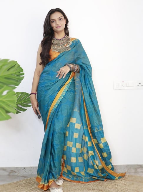 Anjaneya Sarees Blue Woven Cotton Silk Printed Designer Solid Saree With Unstitched Blouse-picture-17