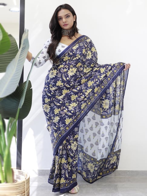 Anjaneya Sarees Blue Woven Cotton Silk Printed Designer Printed Saree With Unstitched Blouse-picture-21