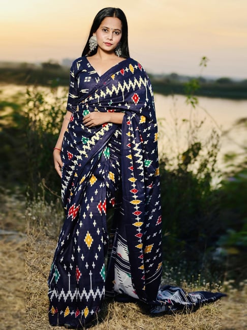 Anjaneya Sarees Blue Woven Cotton Silk Printed Designer Printed Saree With Unstitched Blouse-picture-18