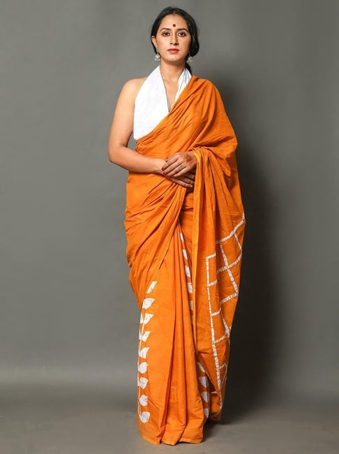 Anjaneya Sarees Orange Woven Cotton Silk Printed Designer Solid Saree With Unstitched Blouse-picture-22