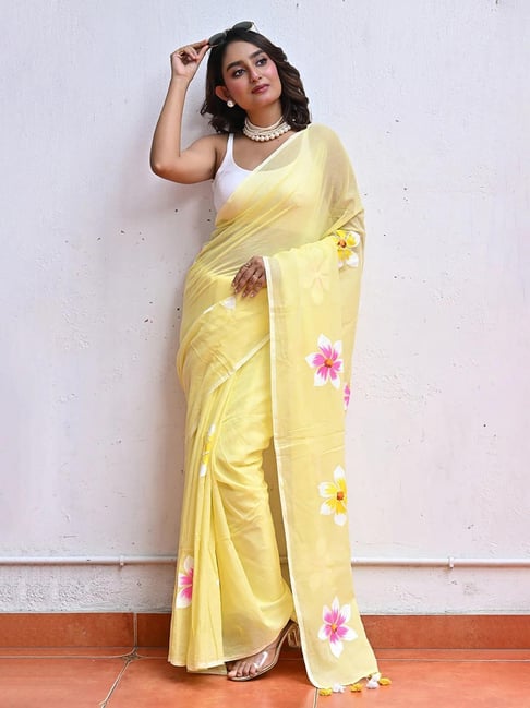 Anjaneya Sarees Yellow Woven Linen Silk Printed Designer Solid Saree With Unstitched Blouse