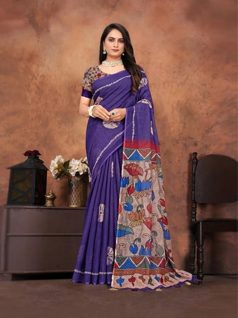 Anjaneya Sarees Blue Woven Linen Silk Printed Designer Printed Saree With Unstitched Blouse-picture-29