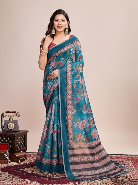 Anjaneya Sarees Teal Woven Cotton Silk Kanjivaram Printed Designer Saree With Unstitched Blouse-picture-23