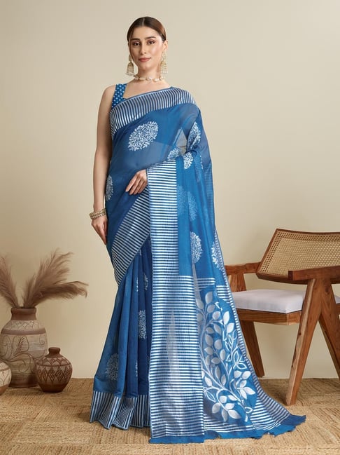 Anjaneya Sarees Blue Woven Cotton Silk Kanjivaram Printed Designer Saree With Unstitched Blouse-picture-20