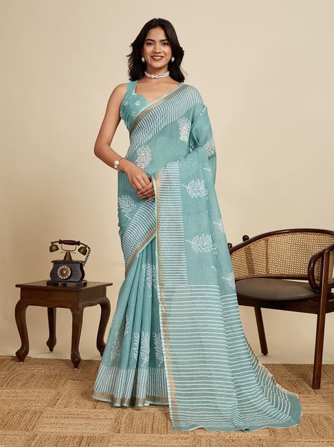 Anjaneya Sarees Blue Woven Linen Silk Printed Designer Saree With Unstitched Blouse-picture-28