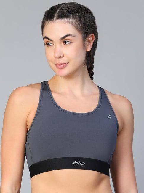 ATHLISIS Grey Polyester Solid Sports Bra