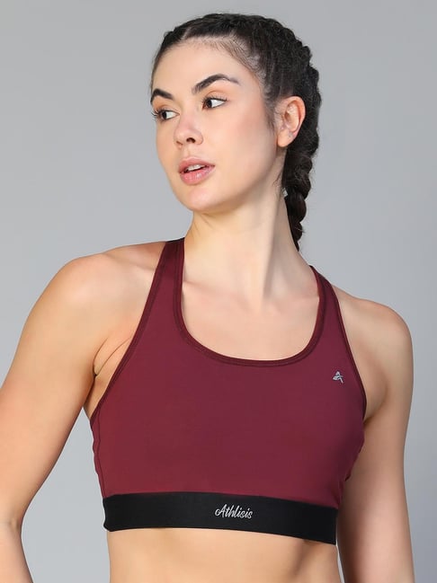 ATHLISIS Maroon Polyester Solid Sports Bra