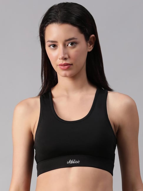 ATHLISIS Black Polyester Solid Sports Bra