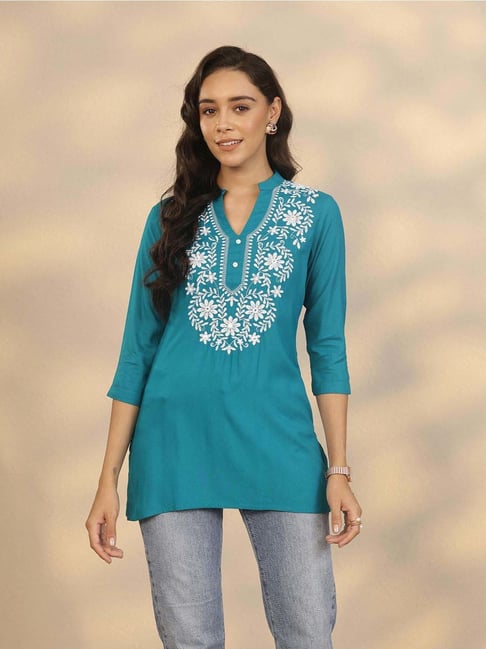 Libas Blue Straight Fit Embroidered Kurti-picture-20