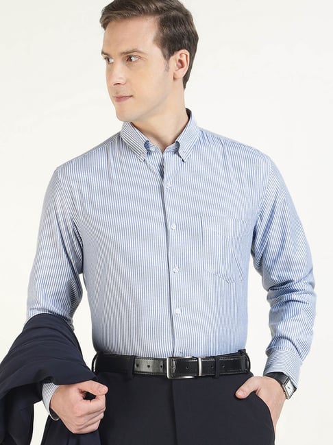 English Navy White & Blue Cotton Slim Fit Striped Shirt-picture-38