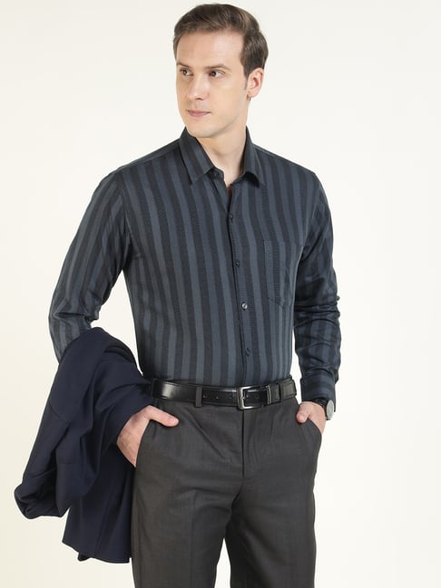 Hancock Charcoal and Black Cotton Slim Fit Striped Shirt-picture-29