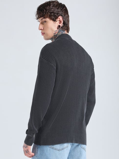 Bewakoof Men's Black Oversized Acid Wash Zipper Sweater