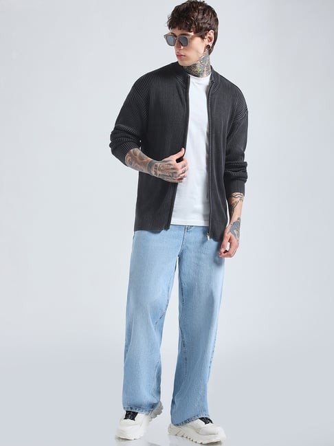 Bewakoof Men's Black Oversized Acid Wash Zipper Sweater