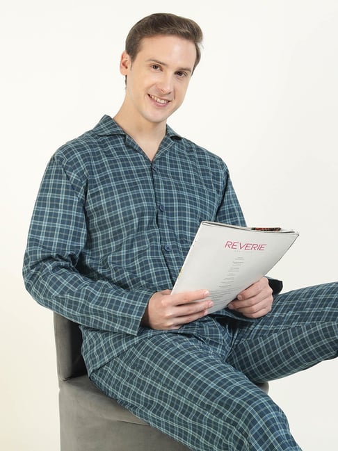 Hancock Navy Cotton Relaxed Fit Checked Night Suit