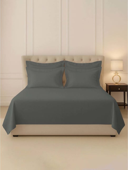 Pizuna Dark Grey Cotton 400 TC Flat Bedsheet with 4 Pillow Cover-picture-31