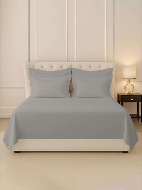 Pizuna Ash Grey Cotton 400 TC Flat Bedsheet with 4 Pillow Cover