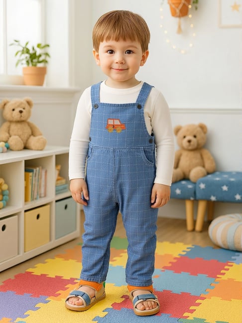 Miniklub Boys Light Blue Cotton Chequered Dungaree Set