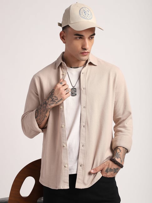 R&B Beige Cotton Regular Fit Casual Shirt