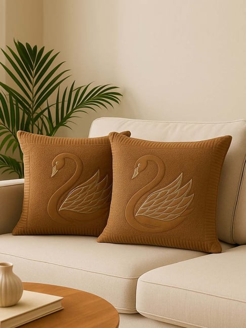 MFD HOME Furnishing Brown Holand Embroidered Cushion Covers - Set of 2