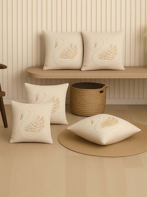 MFD HOME Furnishing Cream Holand Embroidered Cushion Covers - Set of 5