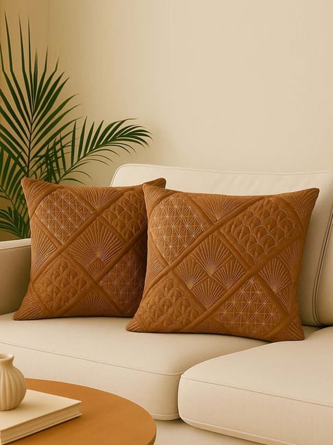 MFD HOME Furnishing Brown Holand Mushroom Embroidered Cushion Covers - Set of 2