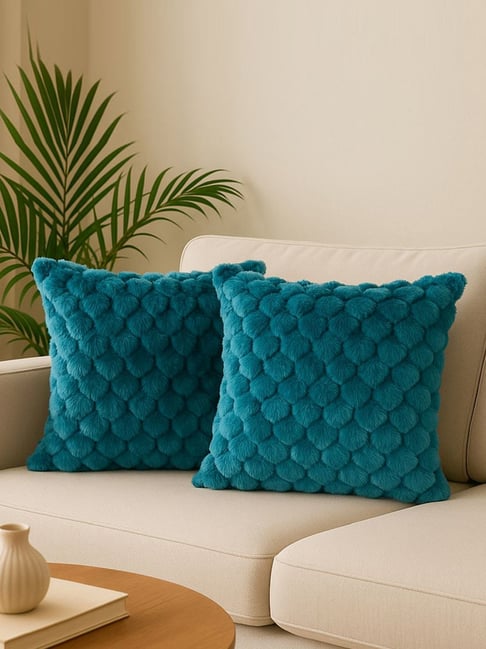 MFD HOME Furnishing Turquoise Blue Velvet Rabit Hair Feel Cushion Covers - Set of 2-picture-16