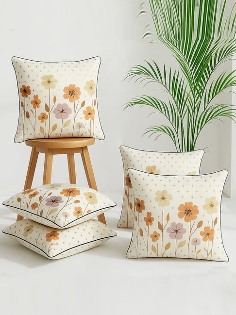 MFD HOME Furnishing Cream Linen flower printing Cushion Covers - Set of 5