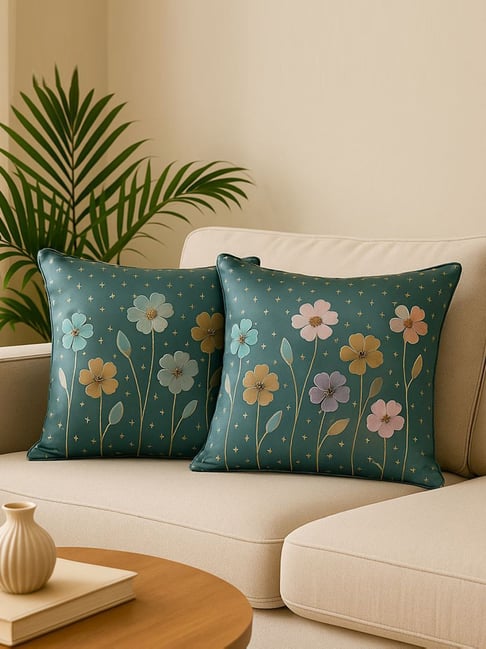 MFD HOME Furnishing Blue Linen flower printing Cushion Covers - Set of 2-image-24