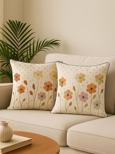MFD HOME Furnishing Cream Linen flower printing Cushion Covers - Set of 2