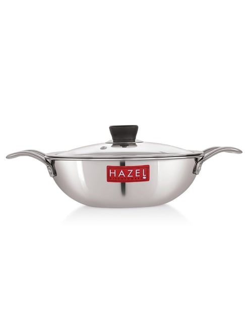 HAZEL Silver Stainless Steel Triply Kadhai with Glass Lid - 22 cm (2 L)