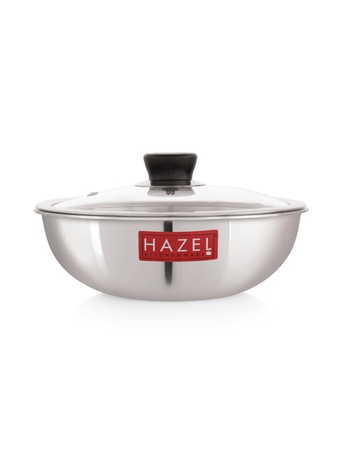 HAZEL Silver Stainless Steel Triply Non Stick Tasra with Glass Lid - 22 cm (2 L)