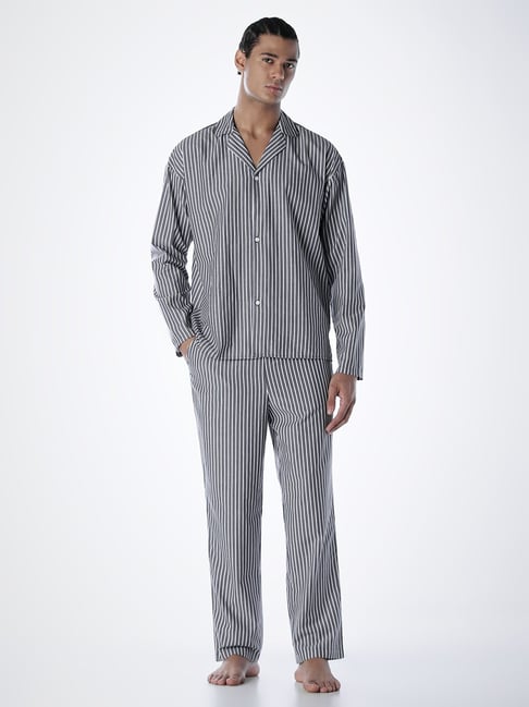 Jack & Jones Grey Regular Fit Striped Nightwear Set