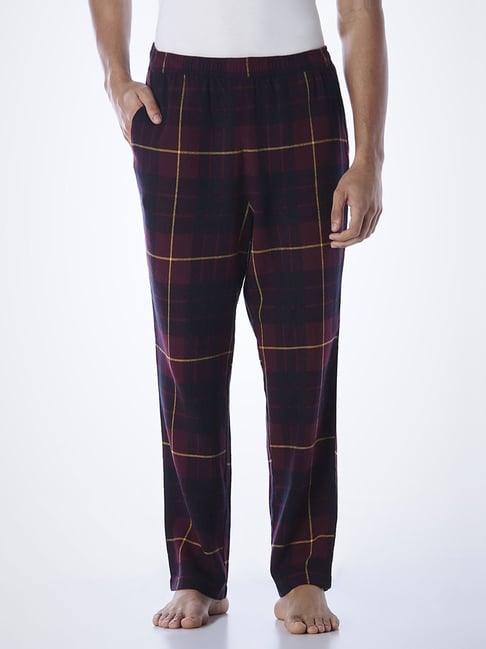 Jack & Jones Maroon Cotton Relaxed Fit Checks Nightwear Pyjamas