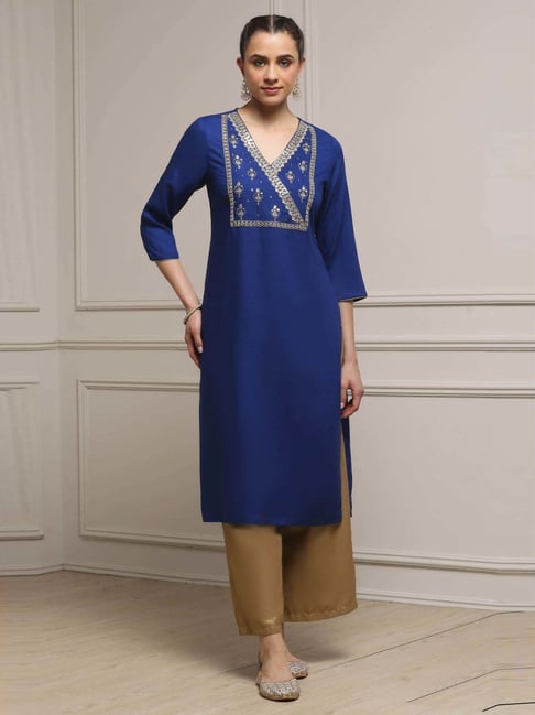 Biba Blue Straight Fit Embroidered Kurta-picture-27