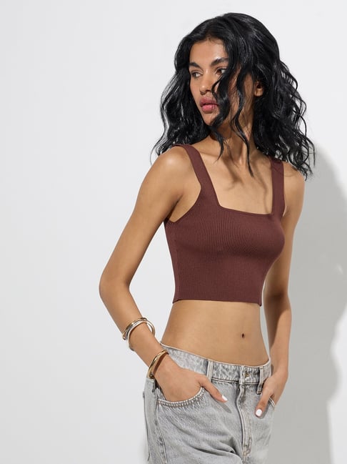 Nuon by Westside Brown Ribbed-Textured Tank Top