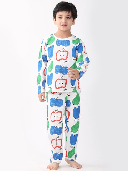 Anthrilo Boys White Cotton Printed Pyjama Set