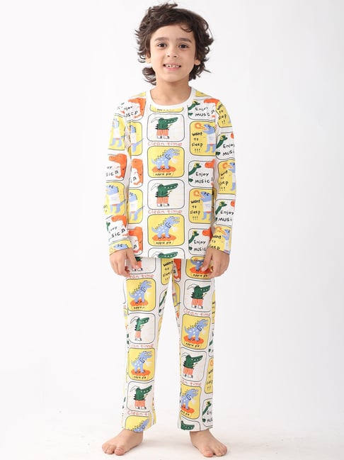 Anthrilo Boys White Cotton Printed Pyjama Set