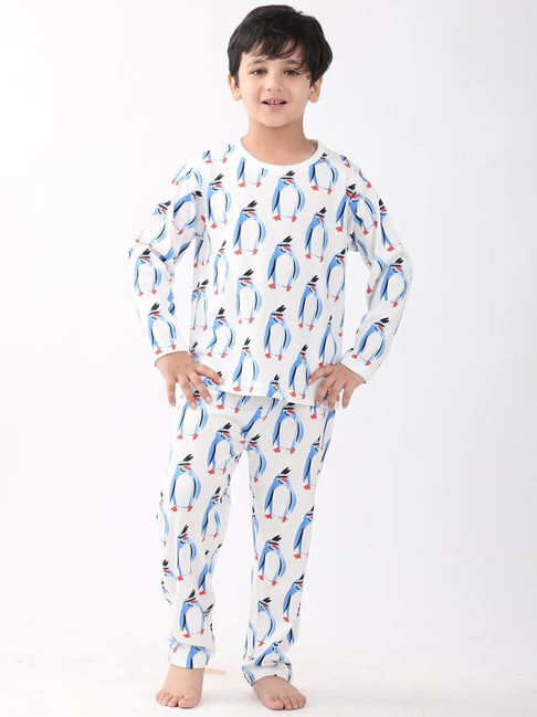 Anthrilo Boys White Cotton Printed Pyjama Set