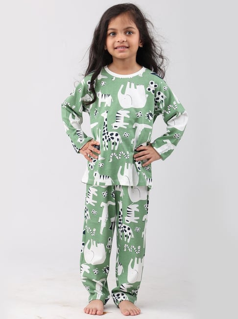 Anthrilo Girls Green Cotton Printed Pyjama Set