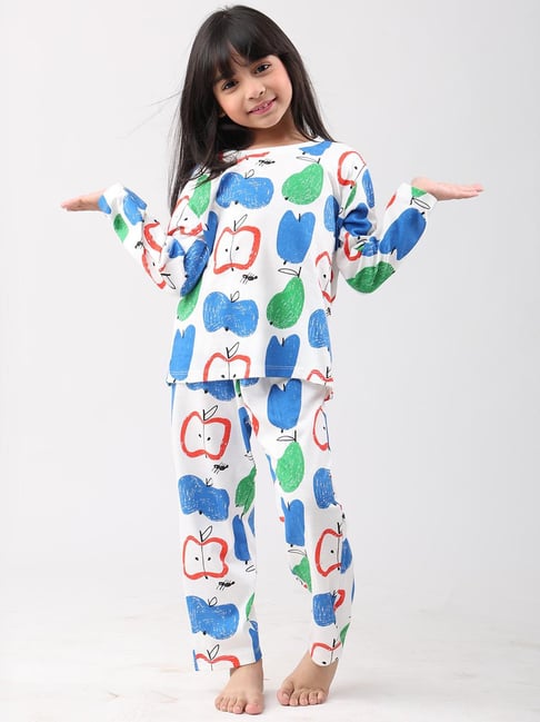 Anthrilo Girls White Cotton Printed Pyjama Set