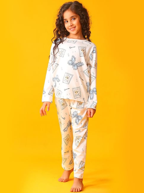 Anthrilo Girls White Cotton Printed Pyjama Set