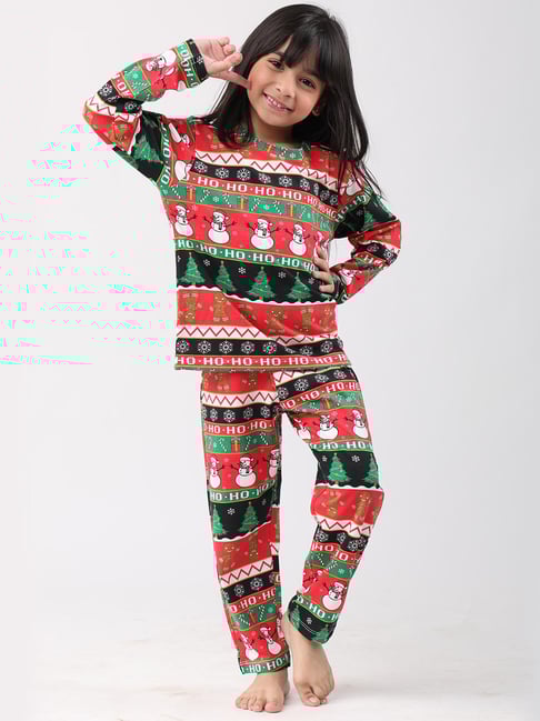 Anthrilo Girls Red Cotton Printed Pyjama Set