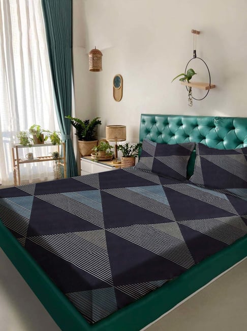 Rosara Home Navy Blue Abstract King Bed Sheet With Pillow Covers-picture-29