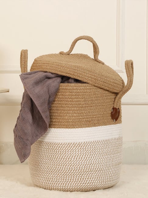 HOSTA HOMES White Jute Laundry Basket with Cover