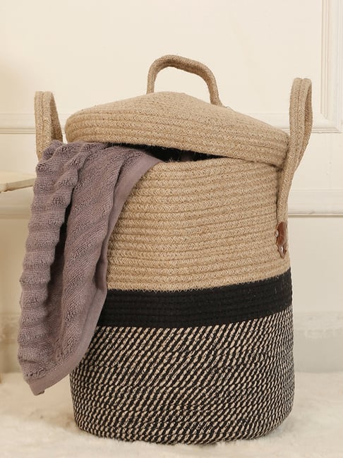 HOSTA HOMES Black Jute Laundry Basket with Cover