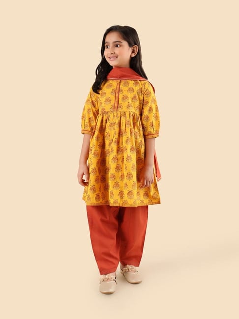 Fabindia Girls Yellow Cotton Printed Salwar Set-image-18