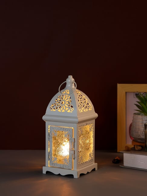 Tayhaa White Metal Lantern with Glass Panels