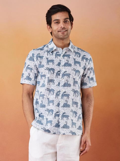 Fabindia White-Blue Cotton Straight Fit Printed Shirt-picture-42