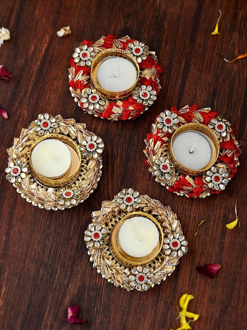 Aapno Rajasthan Gold Metal Heritage Luminarc Tea Light Candle Holder - Set of 4