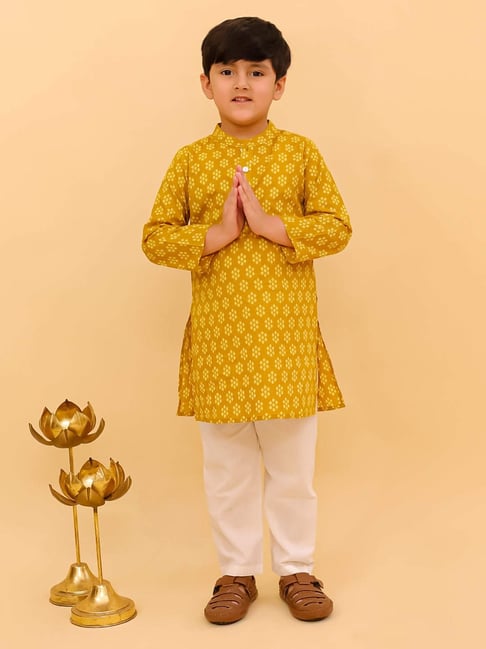 The Mom Store Boys Yellow Cotton Embroidered Kurta Set